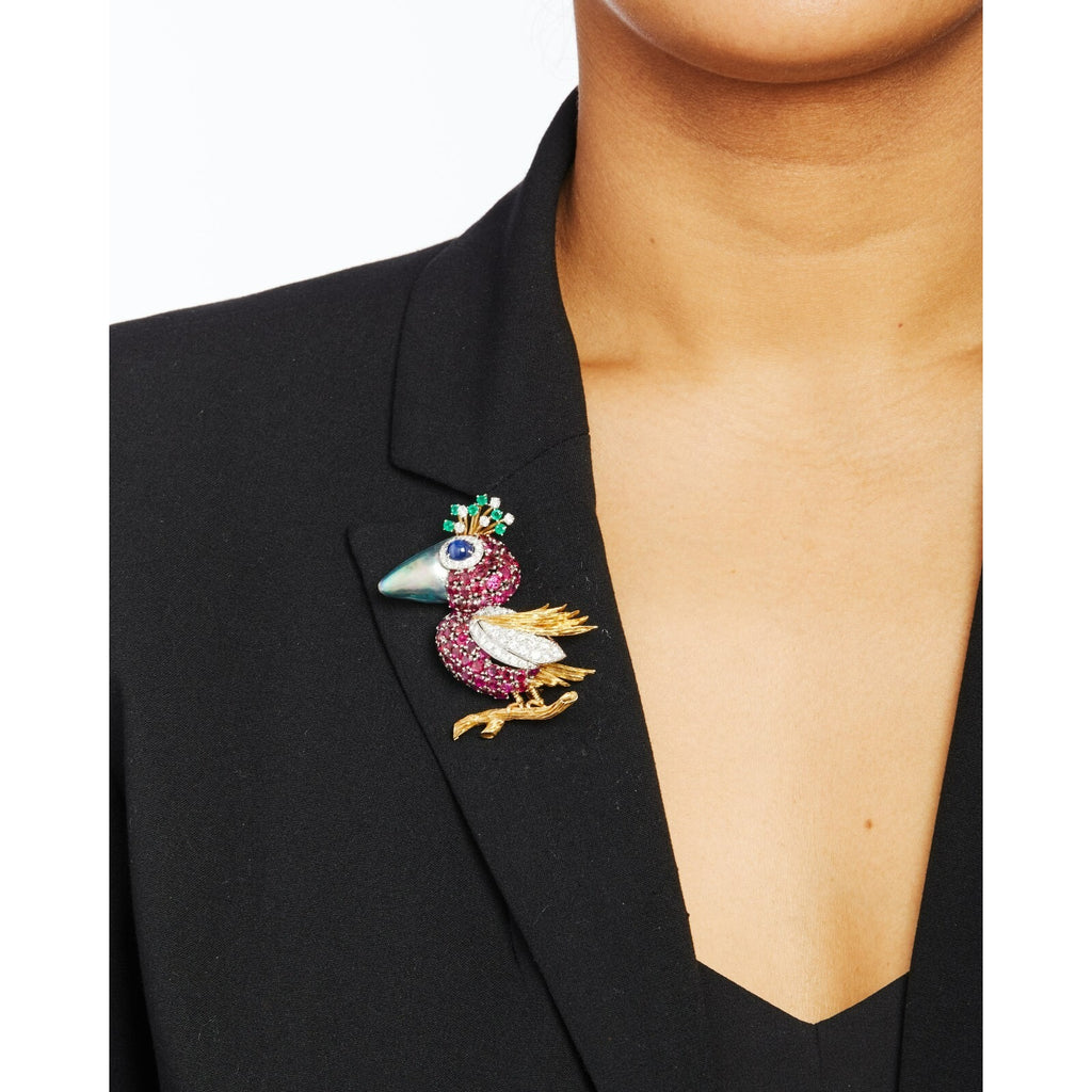 18k/14k Gold Bird Brooch w/ Cultured Abalone, Star Sapphire Ruby/Diamond Accents