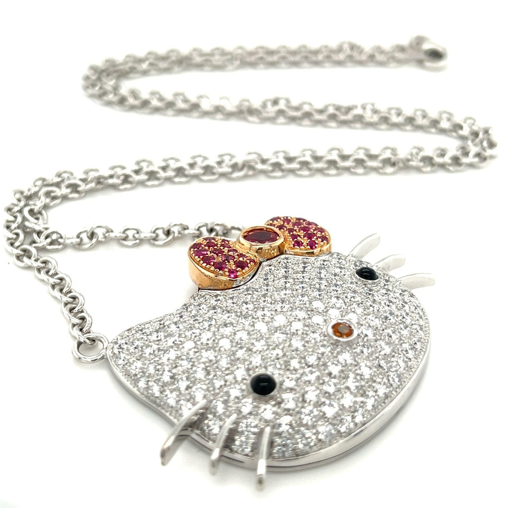 Happy Kitty 18k White Gold Large Plaque Pendant Necklace, 25" Chain