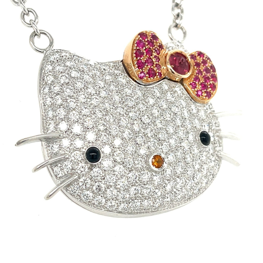 Happy Kitty 18k White Gold Large Plaque Pendant Necklace, 25" Chain