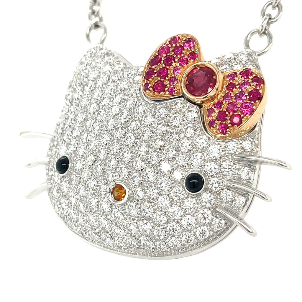 Happy Kitty 18k White Gold Large Plaque Pendant Necklace, 25" Chain
