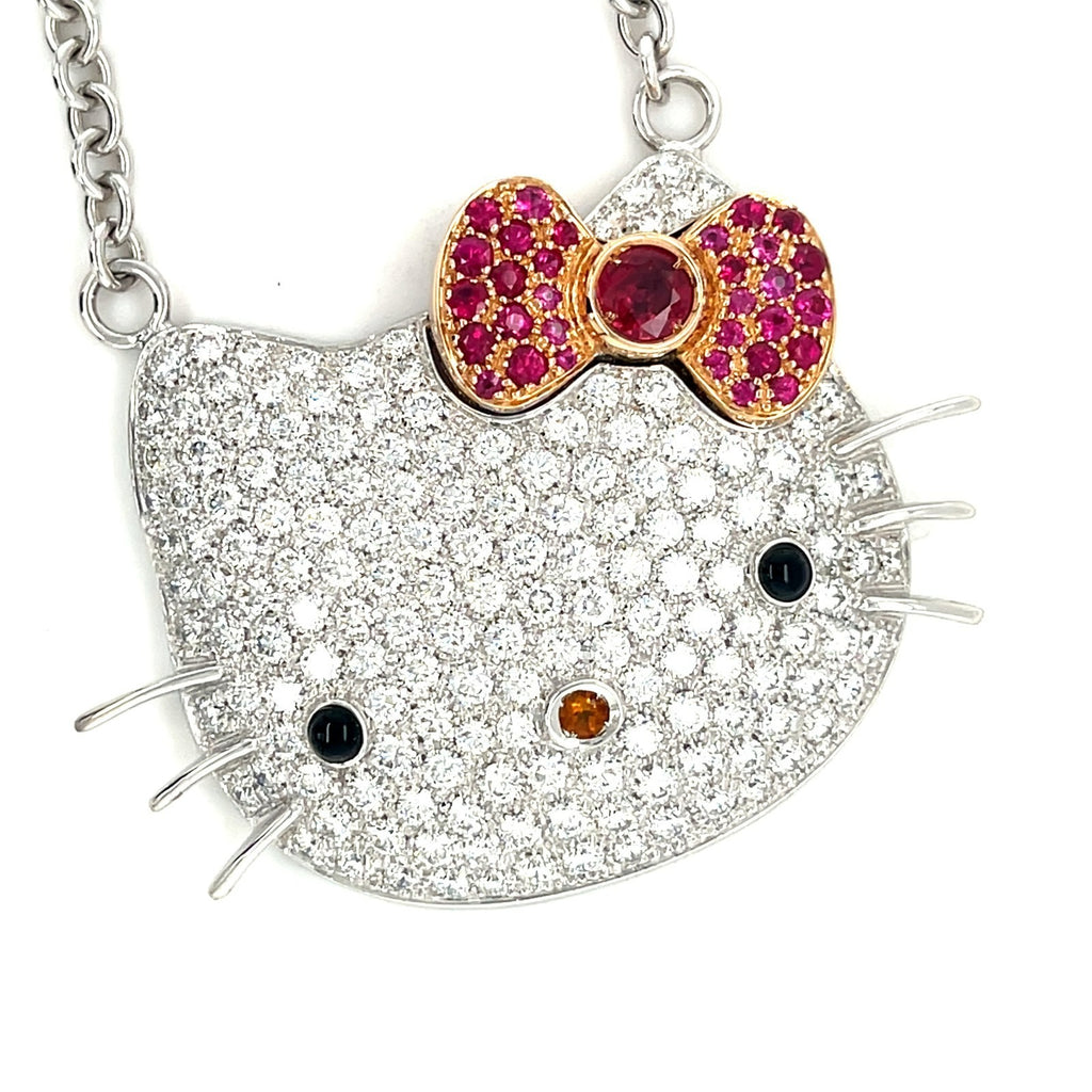 Happy Kitty 18k White Gold Large Plaque Pendant Necklace, 25" Chain