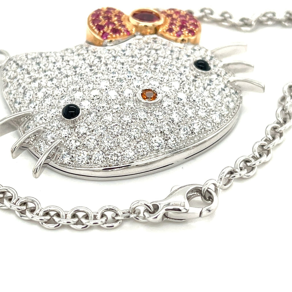 Happy Kitty 18k White Gold Large Plaque Pendant Necklace, 25" Chain
