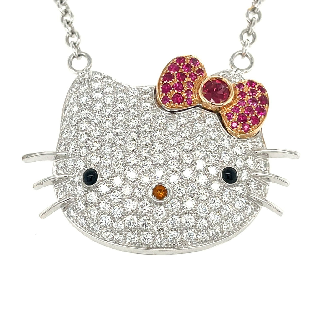 Happy Kitty 18k White Gold Large Plaque Pendant Necklace, 25" Chain