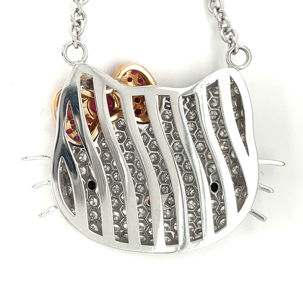 Happy Kitty 18k White Gold Large Plaque Pendant Necklace, 25" Chain