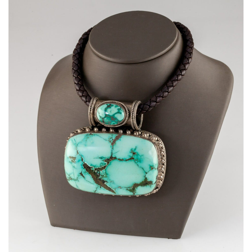 Gorgeous Sterling Silver Large Turquoise Pendant with Braided Leather Strap