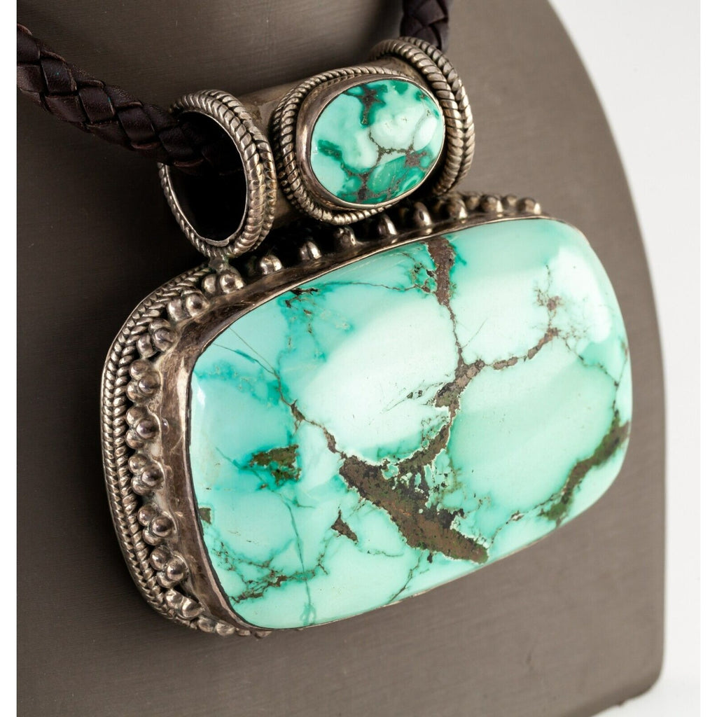 Gorgeous Sterling Silver Large Turquoise Pendant with Braided Leather Strap