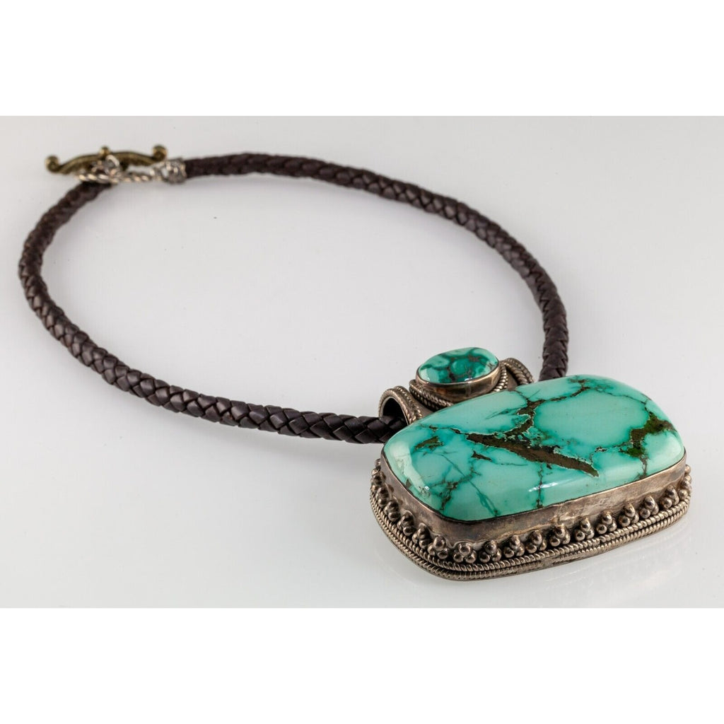 Gorgeous Sterling Silver Large Turquoise Pendant with Braided Leather Strap