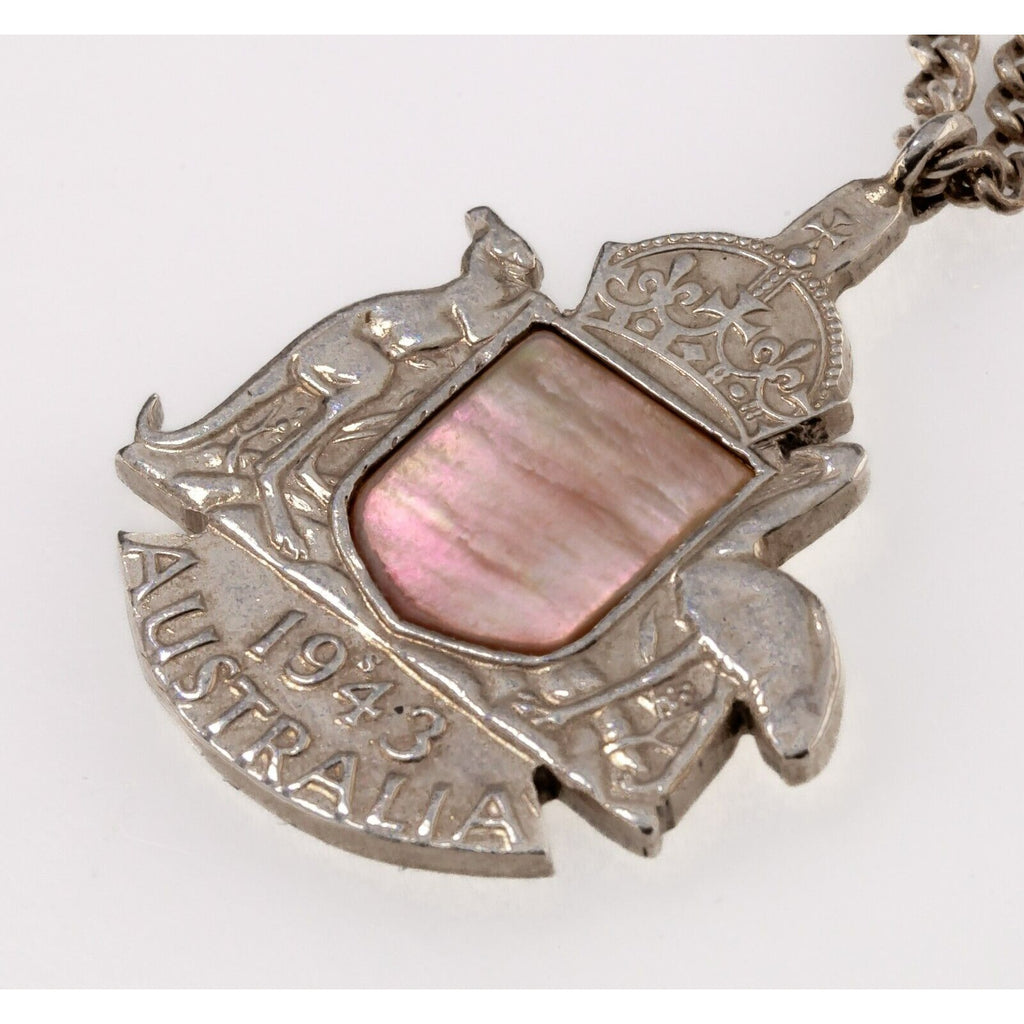 Unique Trench Art 1943 Australia Silver Florin Pendant w/ Mother of Pearl Accent