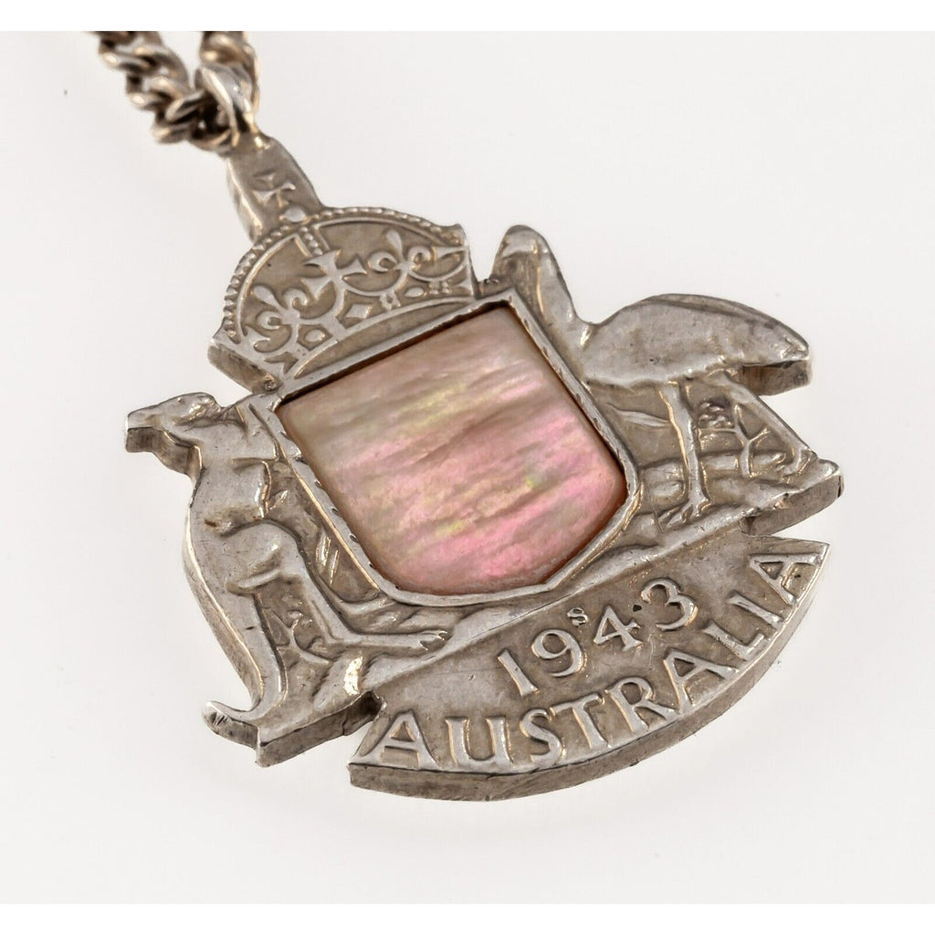 Unique Trench Art 1943 Australia Silver Florin Pendant w/ Mother of Pearl Accent