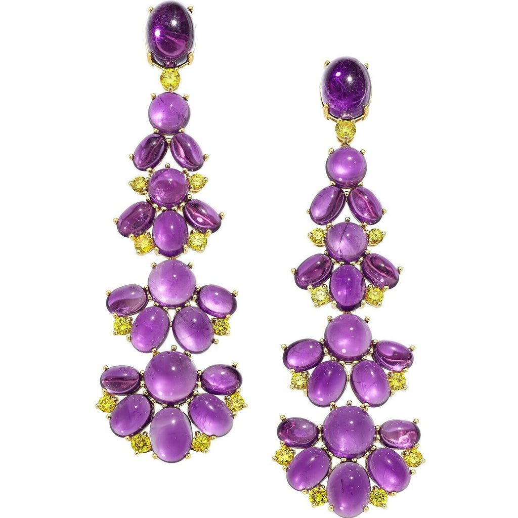 18k Gold, Amethyst Cabochon, and 2.0ct Yellow Diamond Earrings 36.96g 3-1/8"