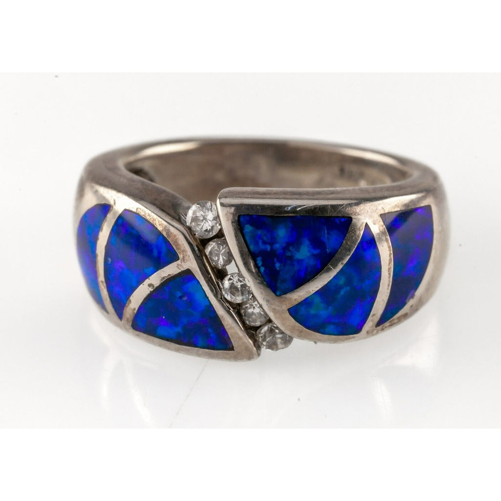 Sterling Silver Blue Opal Band Ring with CZ Accents Size 6