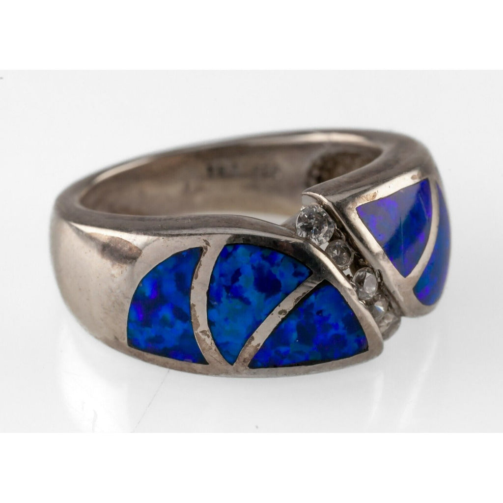 Sterling Silver Blue Opal Band Ring with CZ Accents Size 6