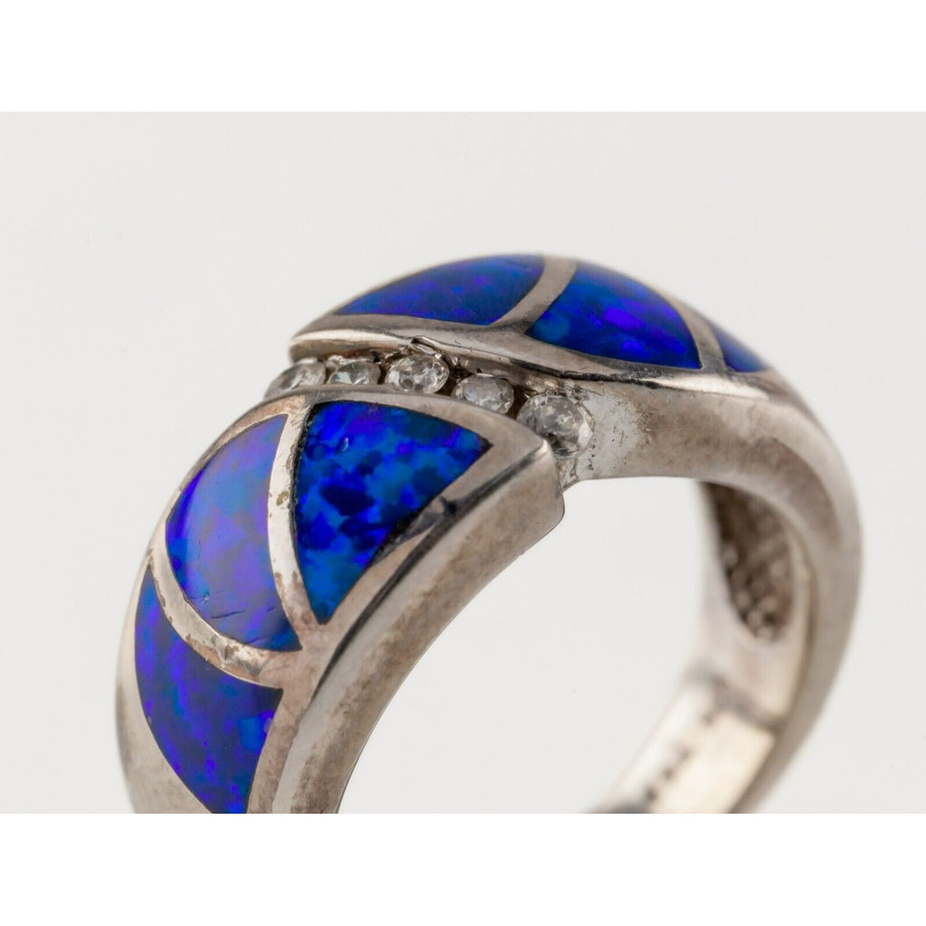 Sterling Silver Blue Opal Band Ring with CZ Accents Size 6