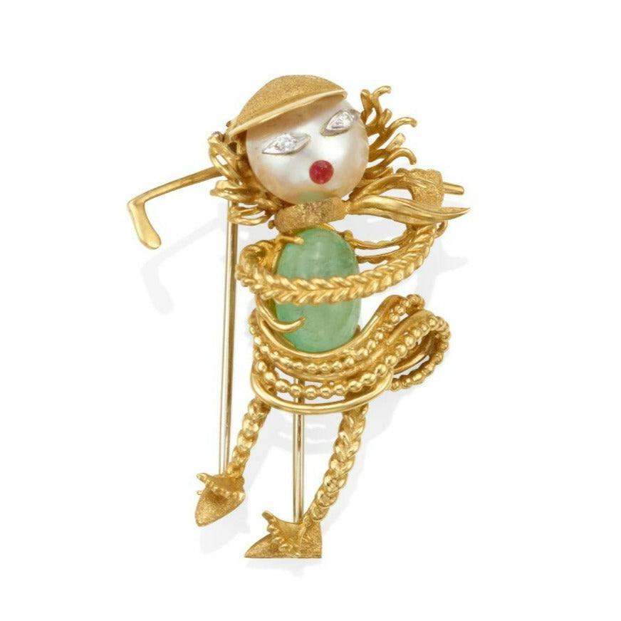 18k Yellow Gold Cultured Pearl, Green Beryl, and Gemstone Golfer Brooch Vintage