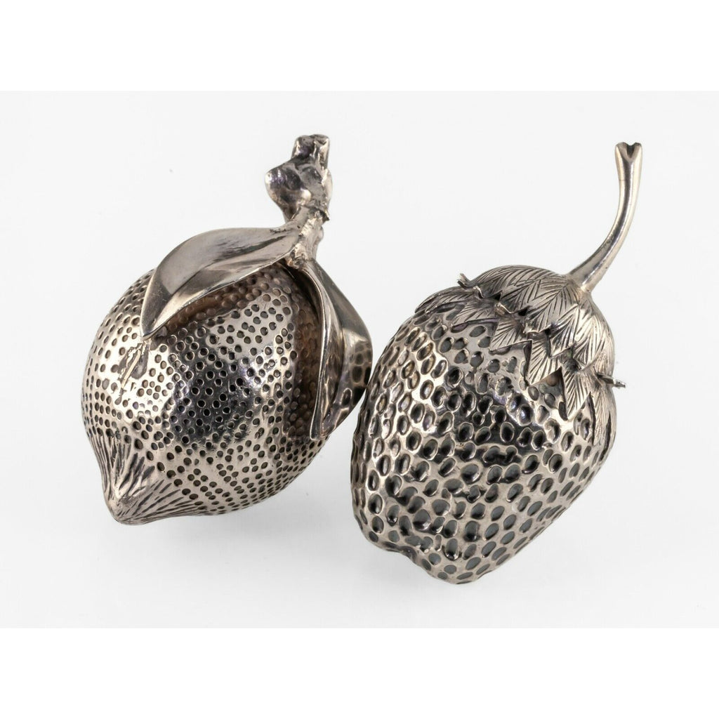 Lot of Two Silverplate Fruit Paperweights Lemon and Strawberry