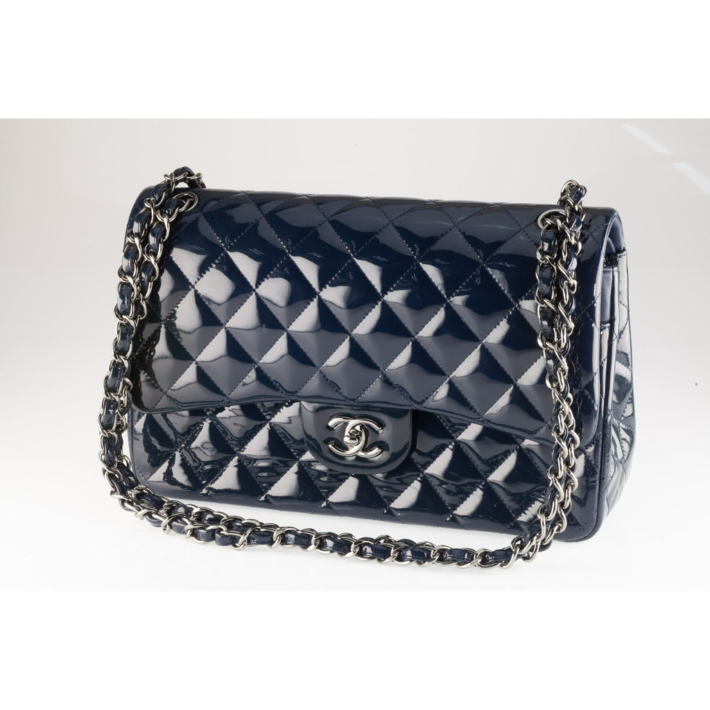 Chanel Jumbo Flap Bag Navy Blue Patent Leather 14B Box, Dust Bag, Card A58600
