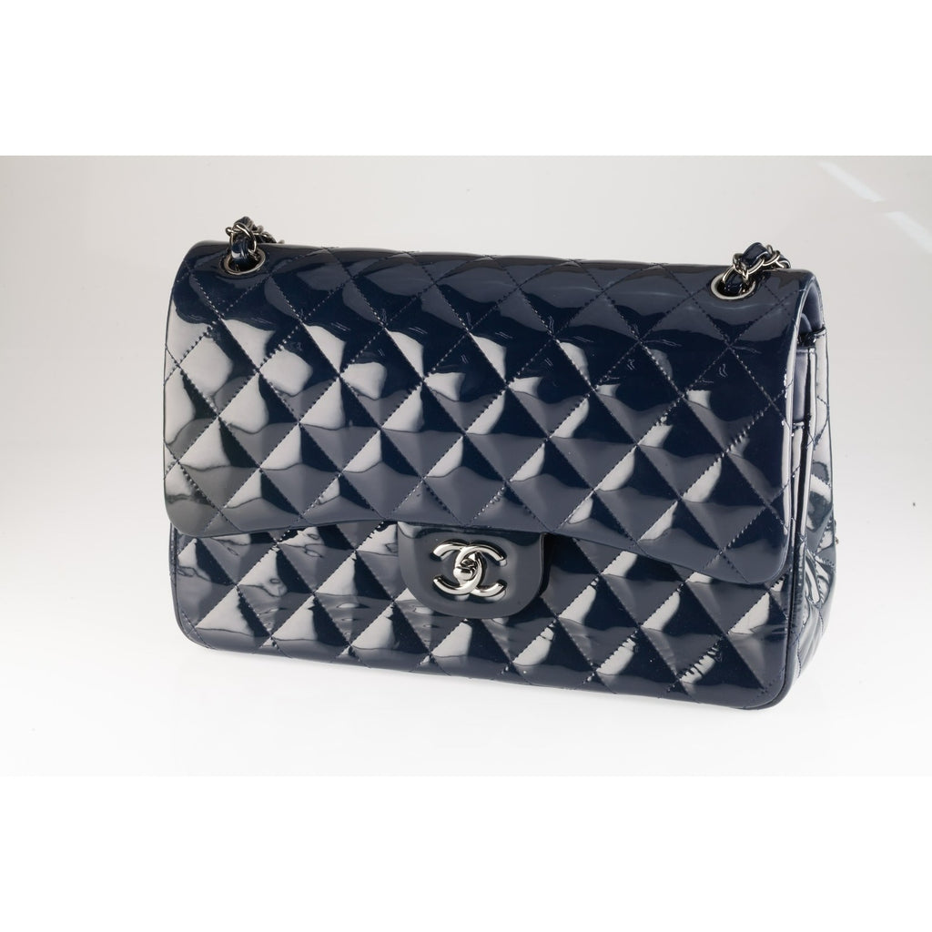 Chanel Jumbo Flap Bag Navy Blue Patent Leather 14B Box, Dust Bag, Card A58600