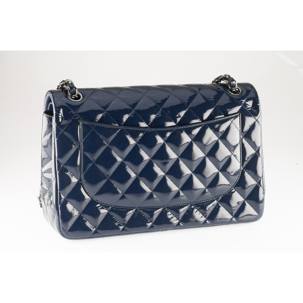 Chanel Jumbo Flap Bag Navy Blue Patent Leather 14B Box, Dust Bag, Card A58600