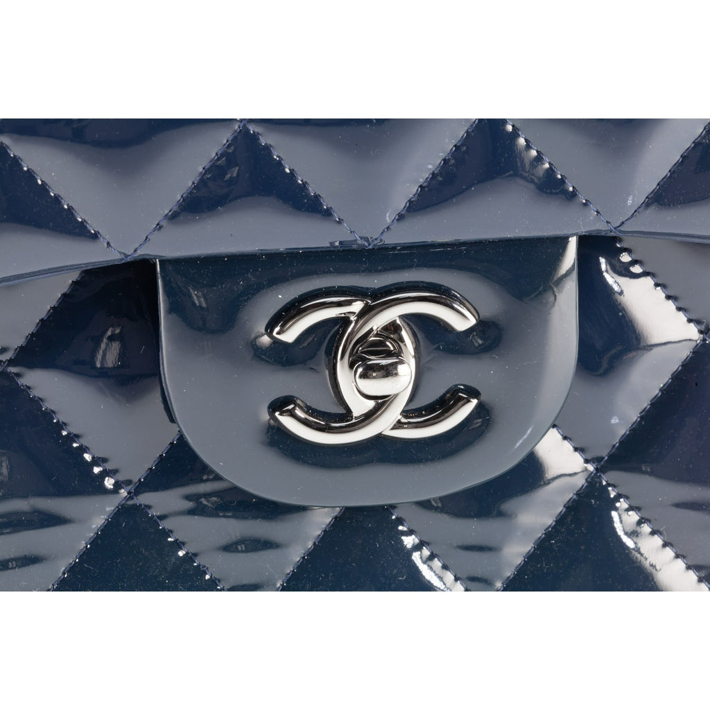 Chanel Jumbo Flap Bag Navy Blue Patent Leather 14B Box, Dust Bag, Card A58600