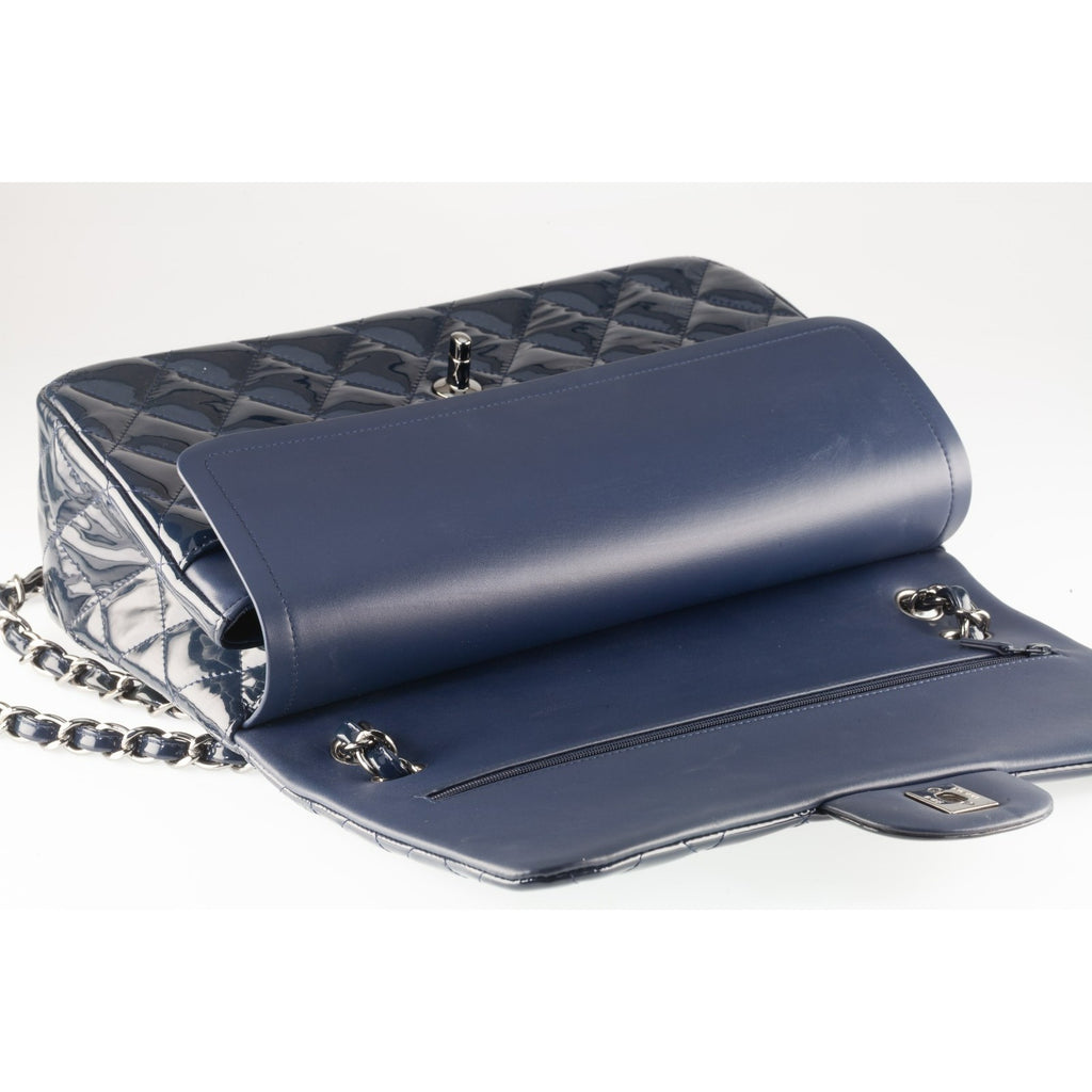 Chanel Jumbo Flap Bag Navy Blue Patent Leather 14B Box, Dust Bag, Card A58600