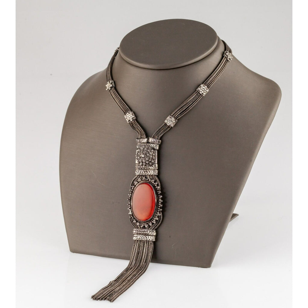 Coin Silver Antique Carnelian Multi-Chain Pendant 20"