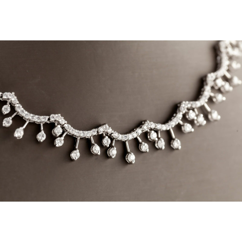 Sterling Silver Cubic Zirconia Bib Necklace with Solitaire Drop Accents 16"