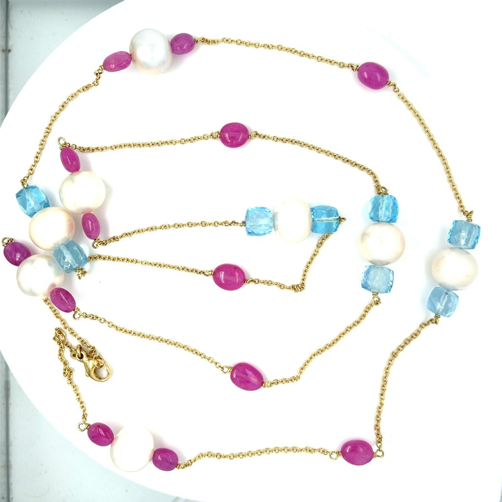 18k Yellow Gold Cultured Pearl and Multi-Gem Beaded Strand Necklace 40" 51.3g