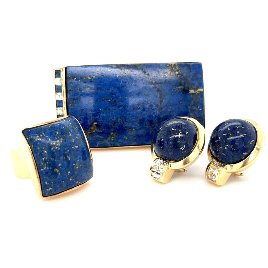 14K Yellow Gold Lapis Lazuli, Diamond, and Sapphire Jewelry Suite