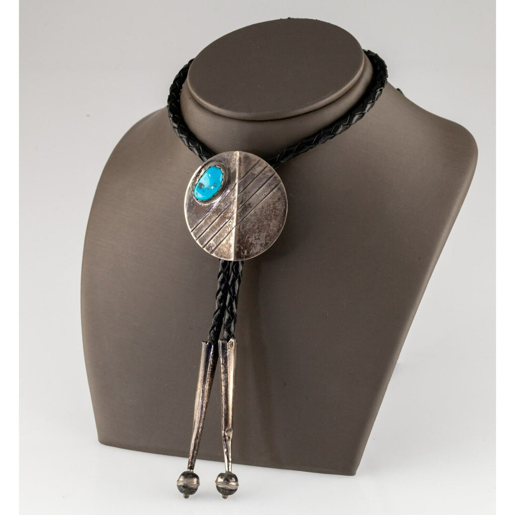 Sterling Silver Bolo Tie with Turquoise Accent Braided Leather Strands 36"