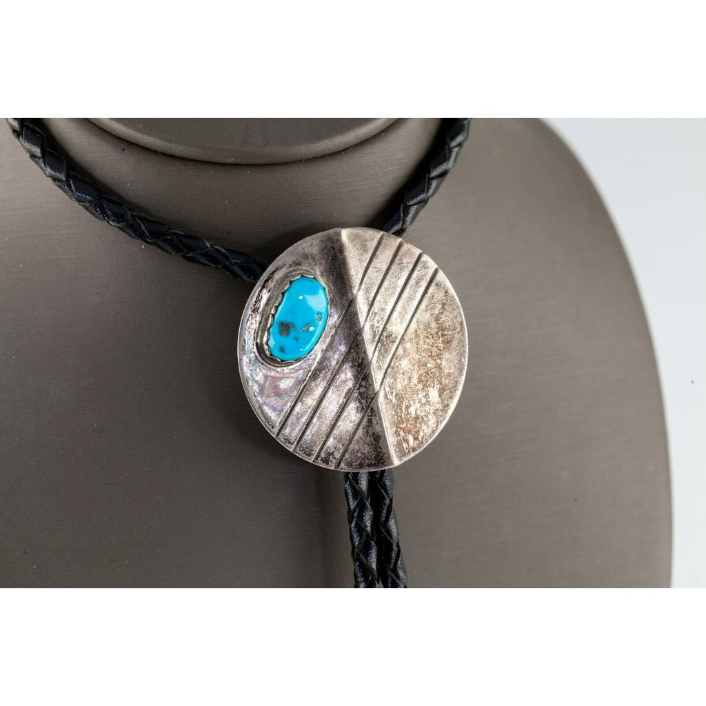 Sterling Silver Bolo Tie with Turquoise Accent Braided Leather Strands 36"