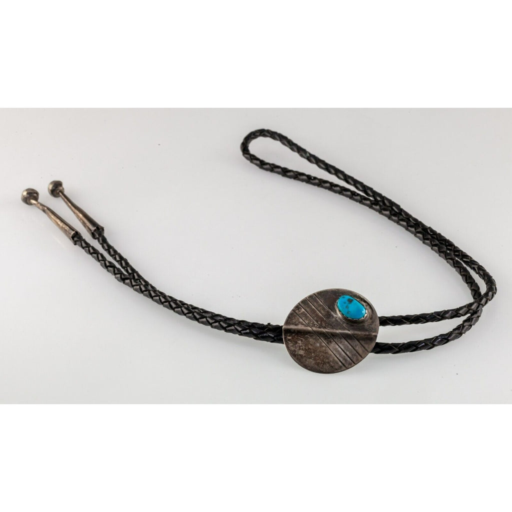 Sterling Silver Bolo Tie with Turquoise Accent Braided Leather Strands 36"