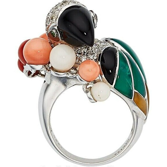 18k White Gold 1.62 ct Diamond, Mulit-Gemstone Parrot Ring Size 6