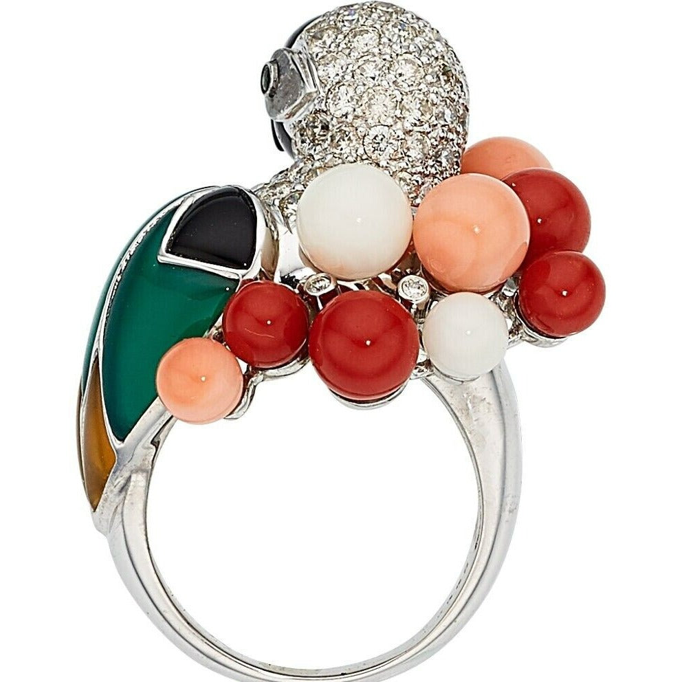 18k White Gold 1.62 ct Diamond, Mulit-Gemstone Parrot Ring Size 6