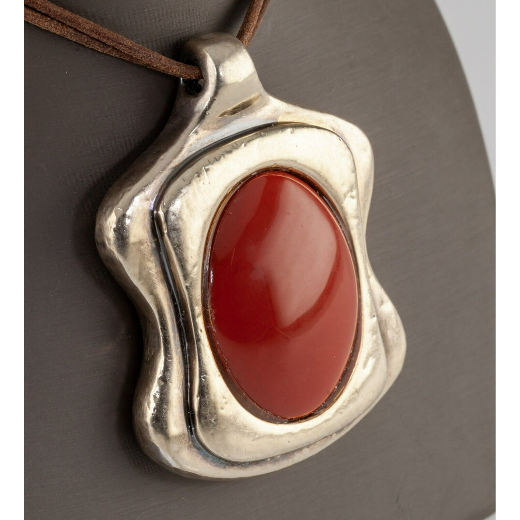 Simon Sebbag Sterling Silver Carnelian Pendant with Brown Leather Strand