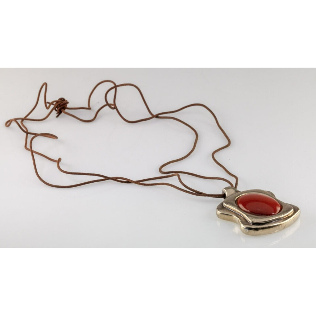 Simon Sebbag Sterling Silver Carnelian Pendant with Brown Leather Strand