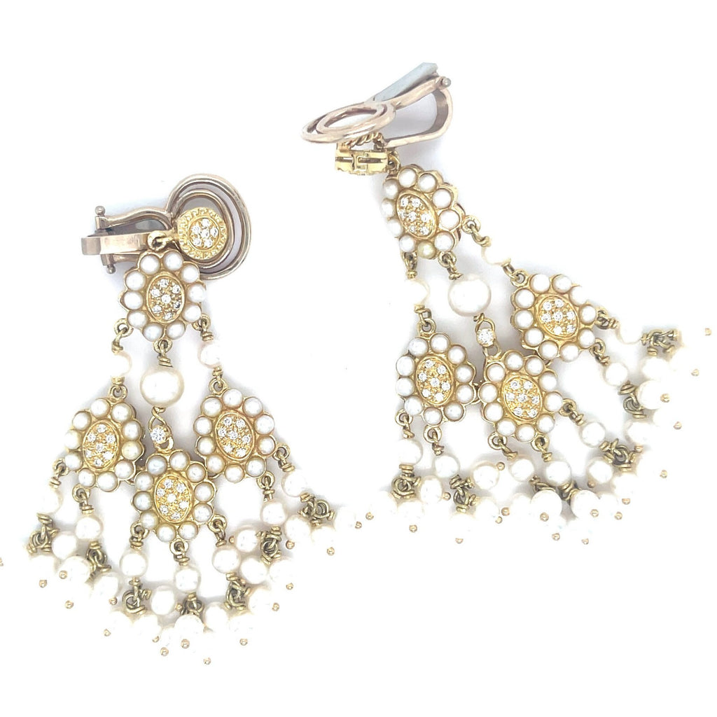 18k Yellow Gold Melee Diamond and Seed Pearl Chandelier Ear Clips