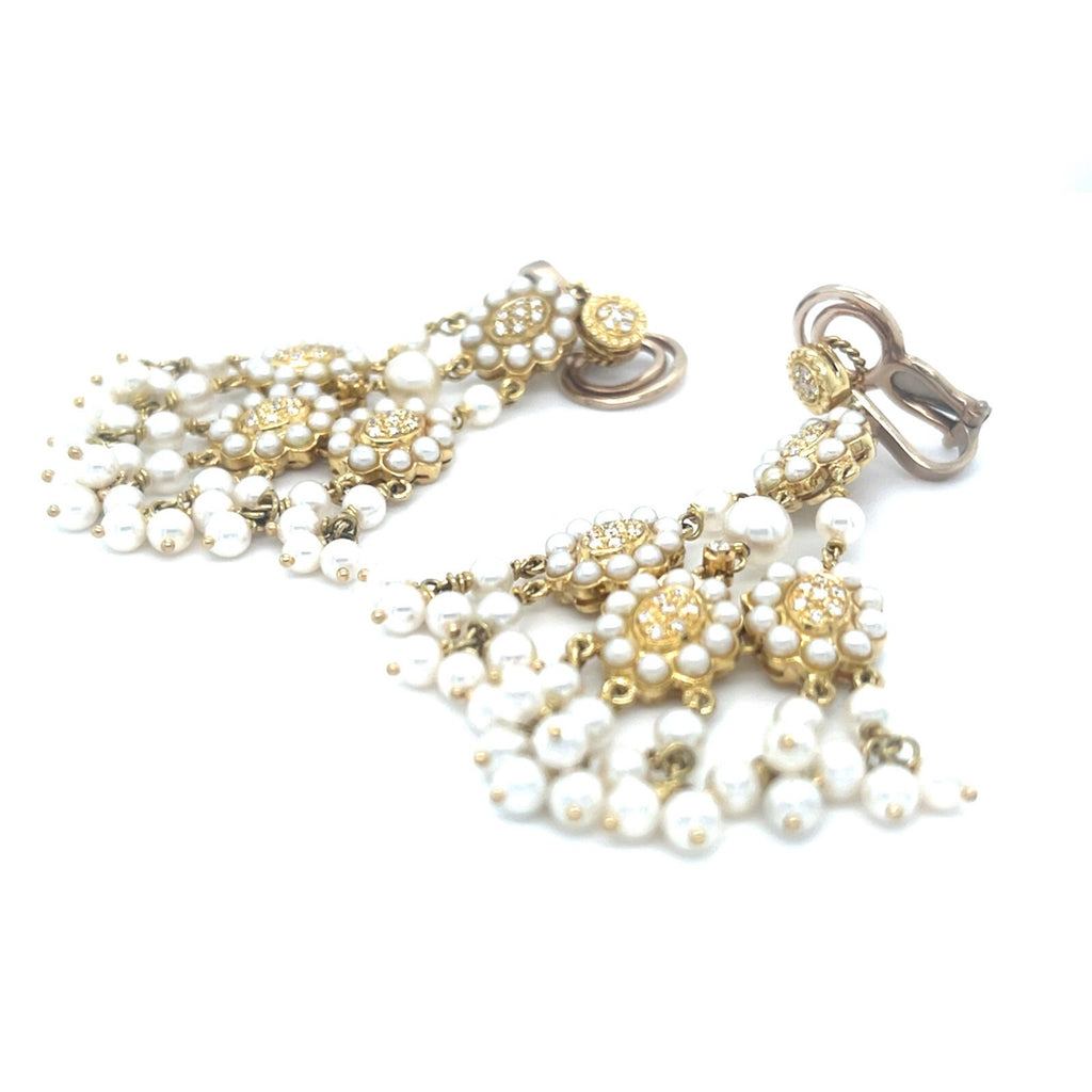 18k Yellow Gold Melee Diamond and Seed Pearl Chandelier Ear Clips