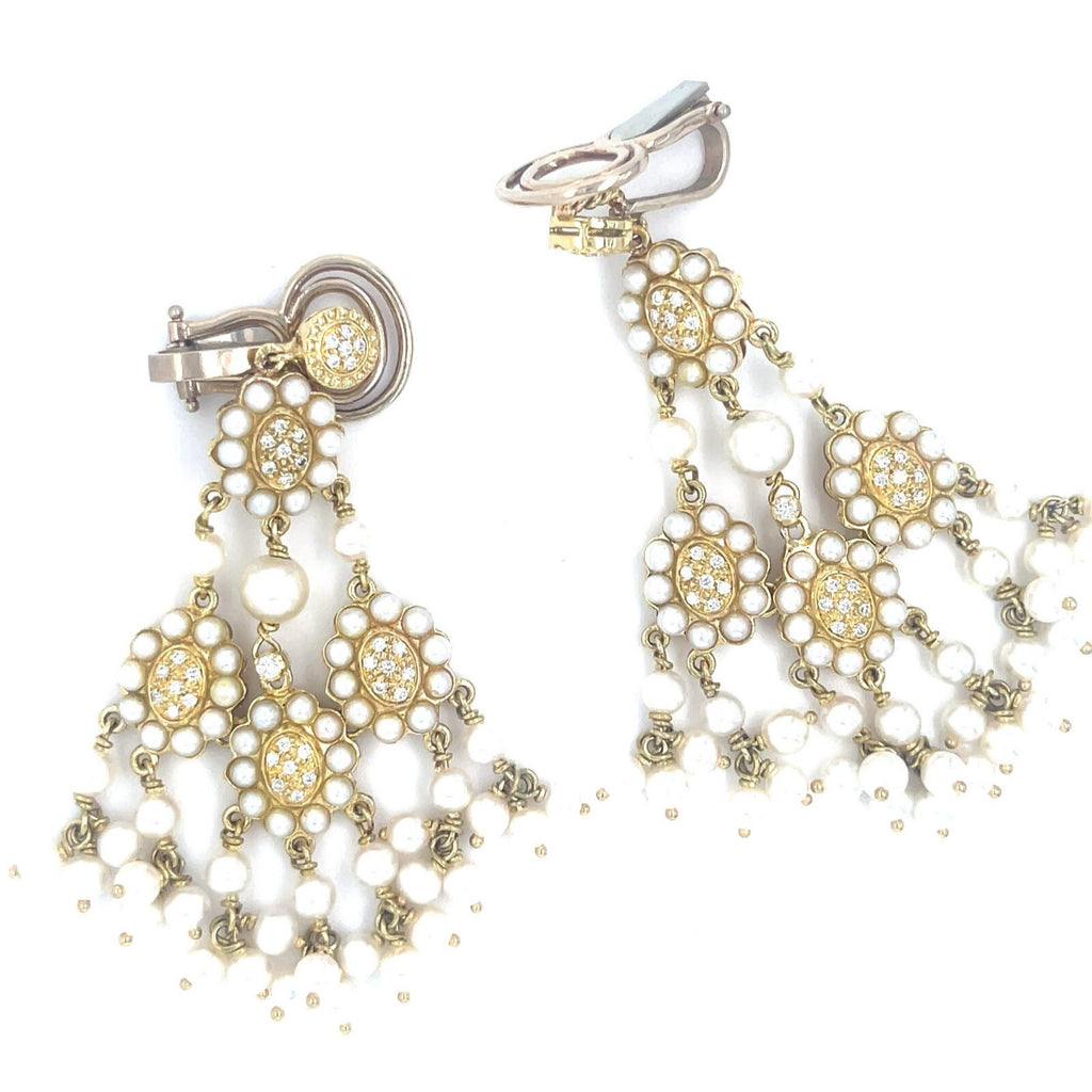 18k Yellow Gold Melee Diamond and Seed Pearl Chandelier Ear Clips