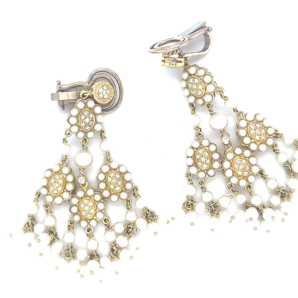 18k Yellow Gold Melee Diamond and Seed Pearl Chandelier Ear Clips