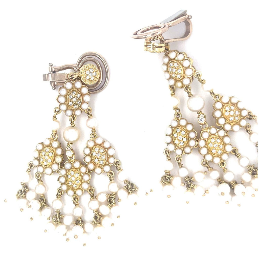 18k Yellow Gold Melee Diamond and Seed Pearl Chandelier Ear Clips