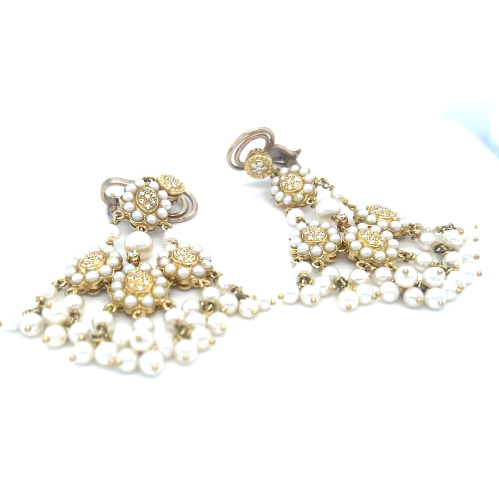 18k Yellow Gold Melee Diamond and Seed Pearl Chandelier Ear Clips