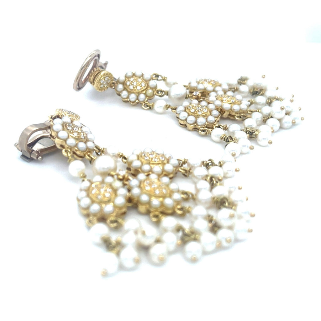 18k Yellow Gold Melee Diamond and Seed Pearl Chandelier Ear Clips