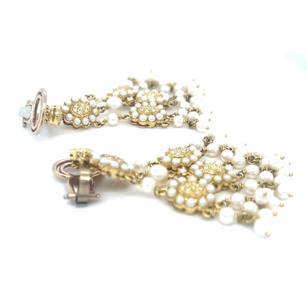 18k Yellow Gold Melee Diamond and Seed Pearl Chandelier Ear Clips