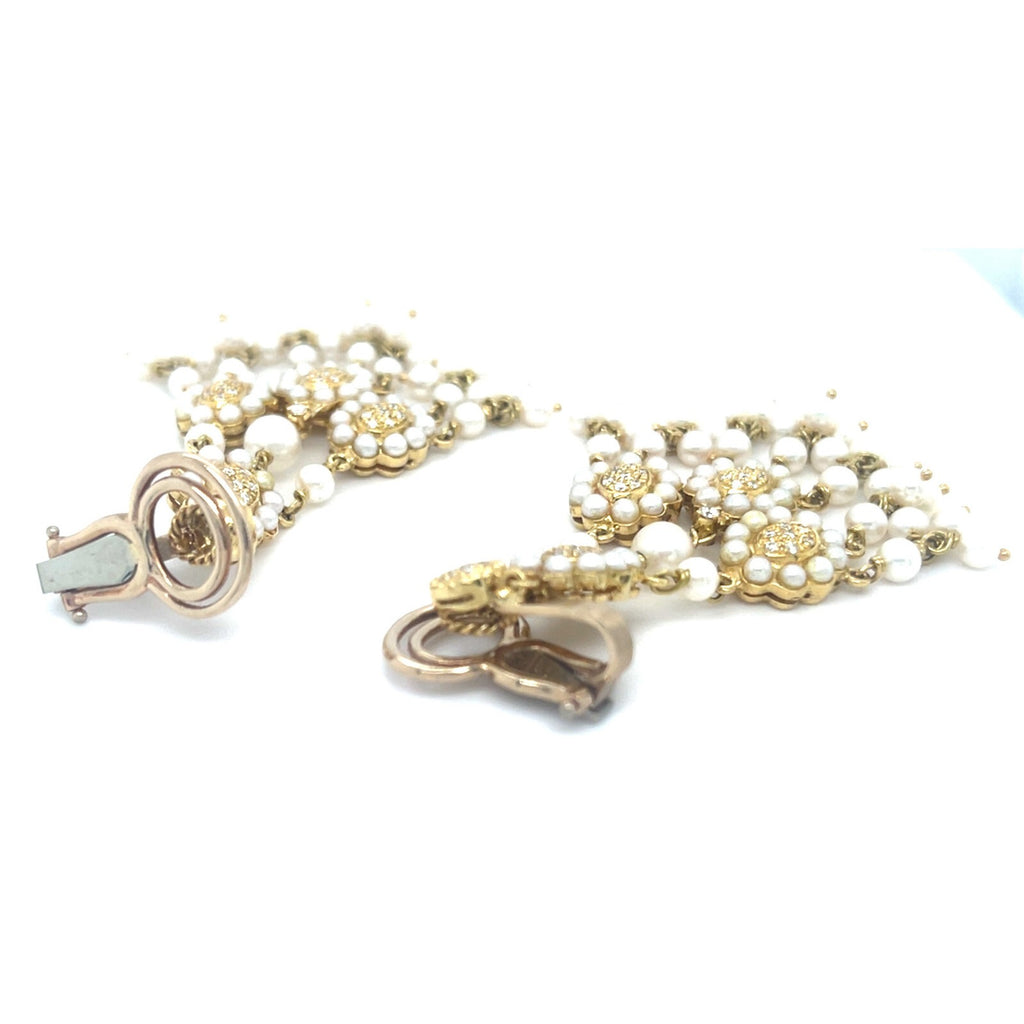 18k Yellow Gold Melee Diamond and Seed Pearl Chandelier Ear Clips