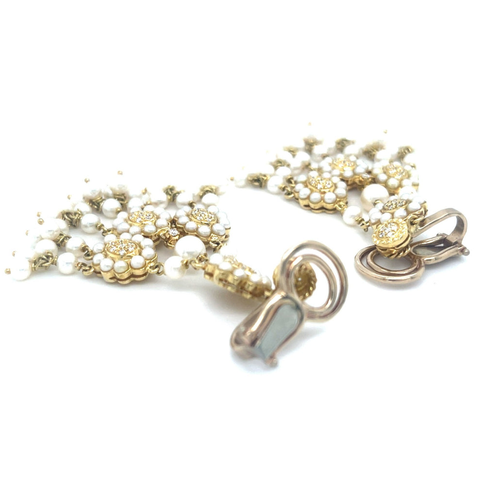 18k Yellow Gold Melee Diamond and Seed Pearl Chandelier Ear Clips