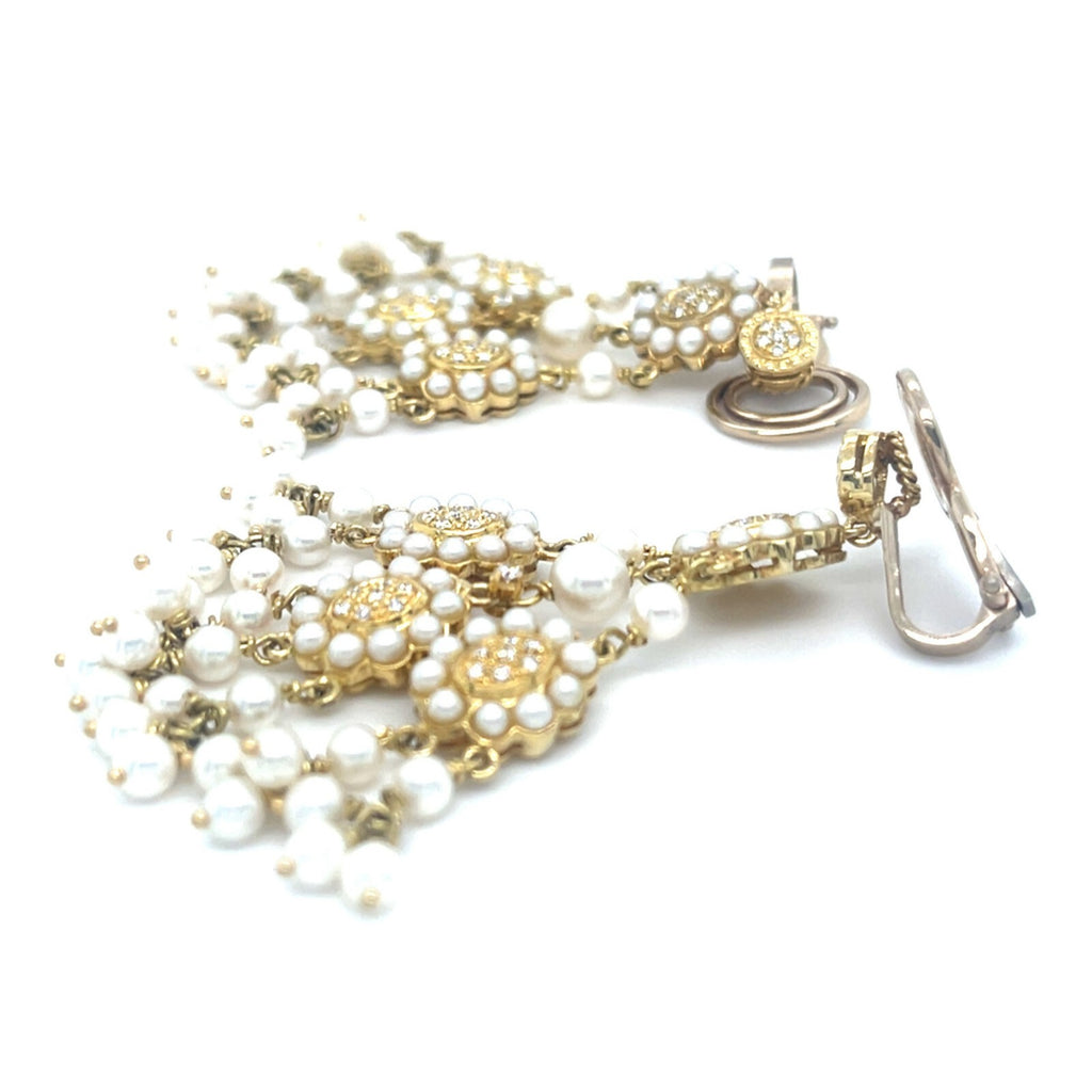 18k Yellow Gold Melee Diamond and Seed Pearl Chandelier Ear Clips