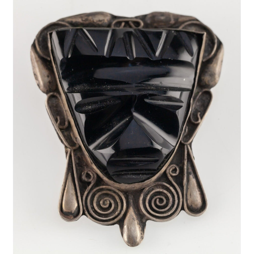 Vintage Azteca Mask in Black Onyx Set in 900 Silver Brooch 20.7g