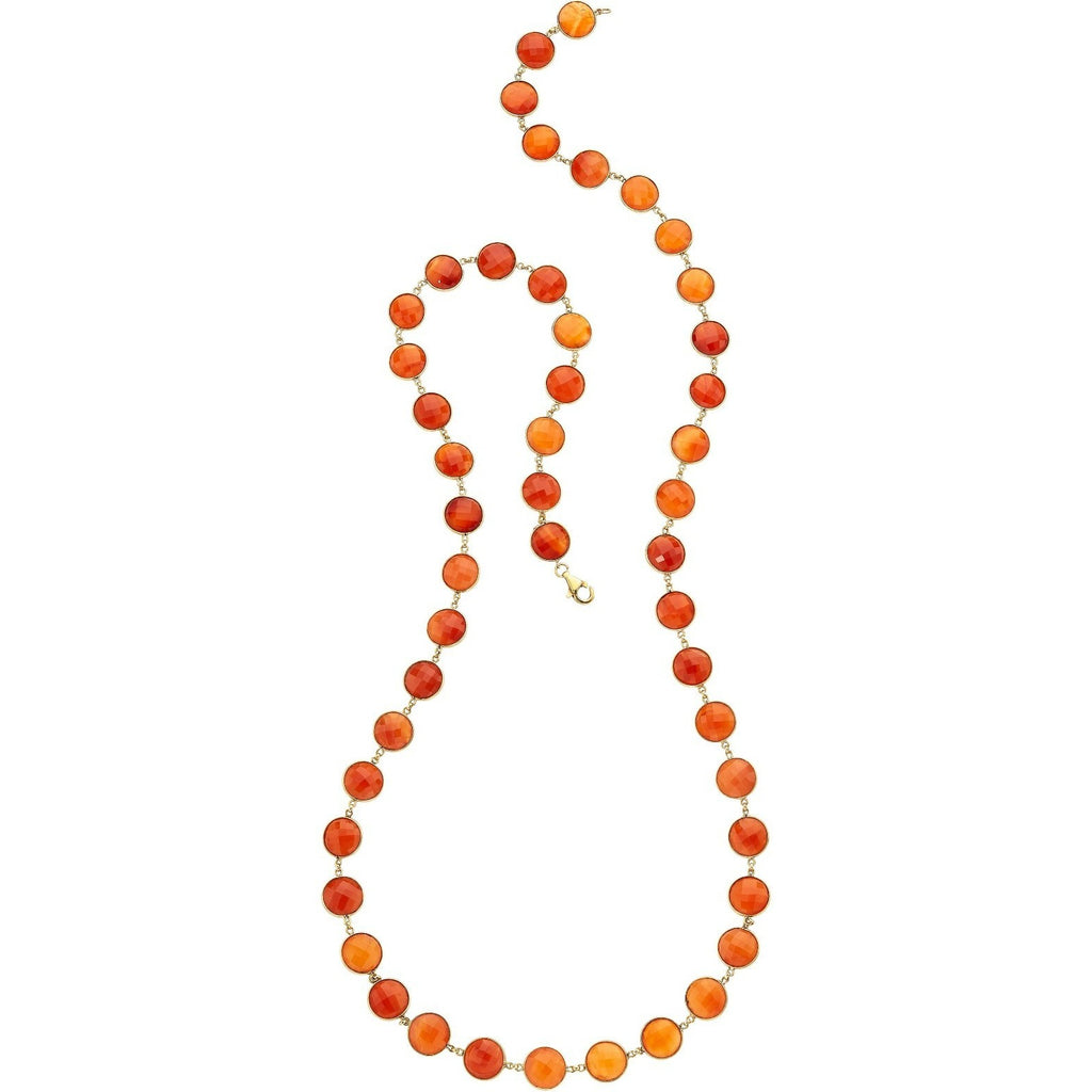 18k Gold Round-Shaped Faceted Carnelian Necklace 34" 78.6 grams