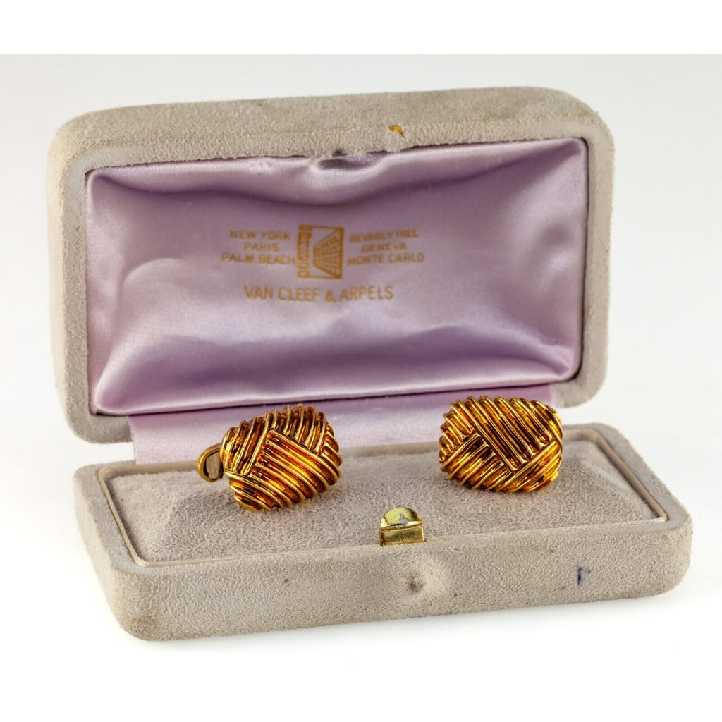 Van Cleef & Arpels Vintage 18k Yellow Gold Ribbed Textured Cufflinks w/ Box