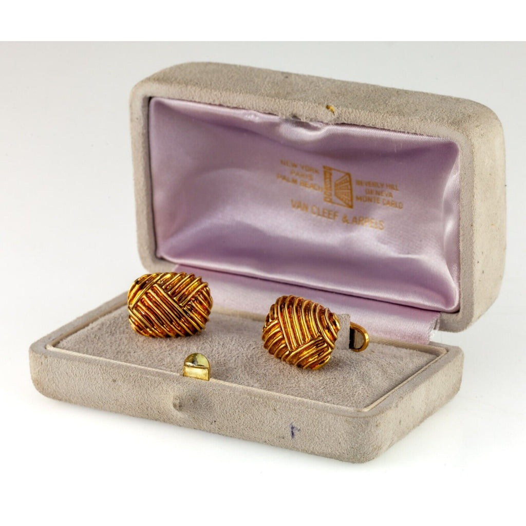 Van Cleef & Arpels Vintage 18k Yellow Gold Ribbed Textured Cufflinks w/ Box